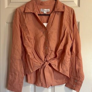 David Meister Orange 3/4 Sleeve Tie Front Button Down